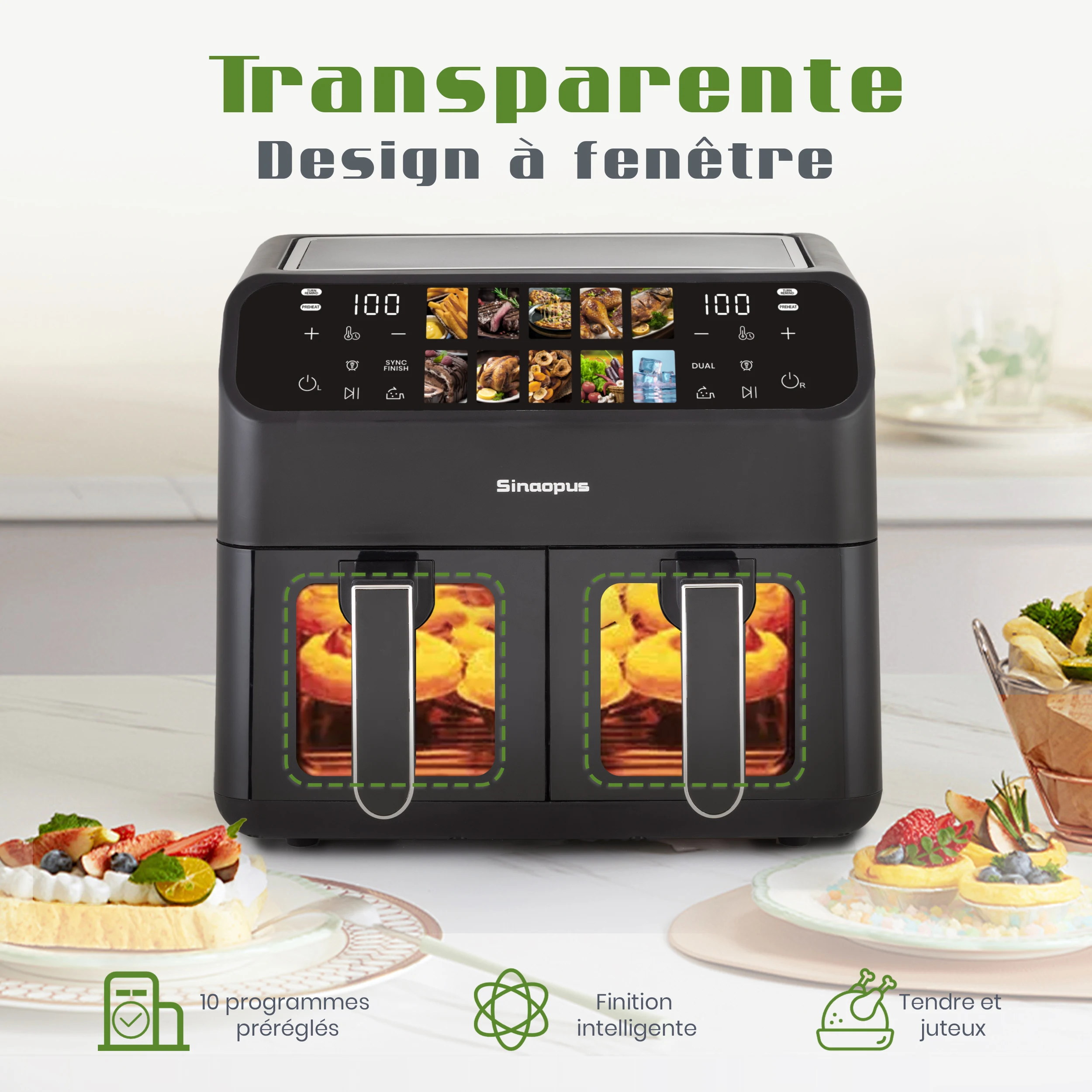 Friteuse à air Sinaopus 2000W 9L XXL à double compartiment - Panneau LED tactile, programmes automatiques, minuterie, multifonctionnelle