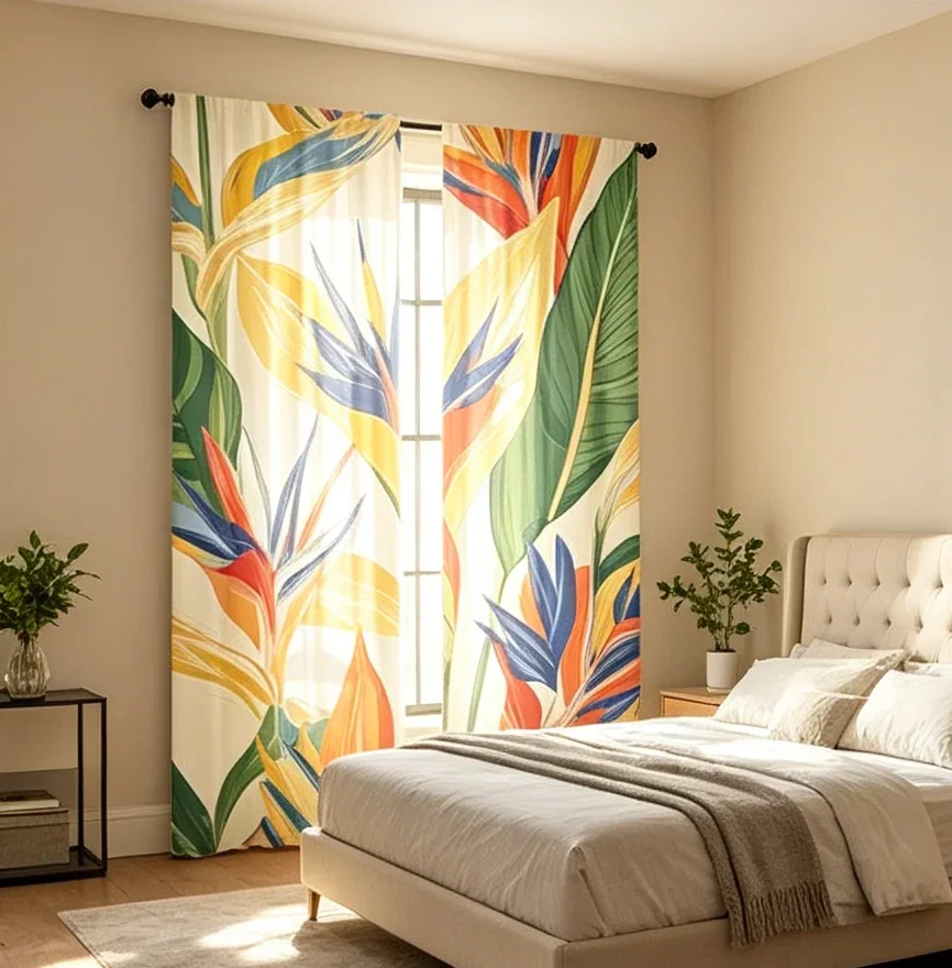 2PCS Digital Printed Curtains, Tropical Colorful Leaves 2 Pattern, Stylish Window Treatment for Living Room Bedroom Decor