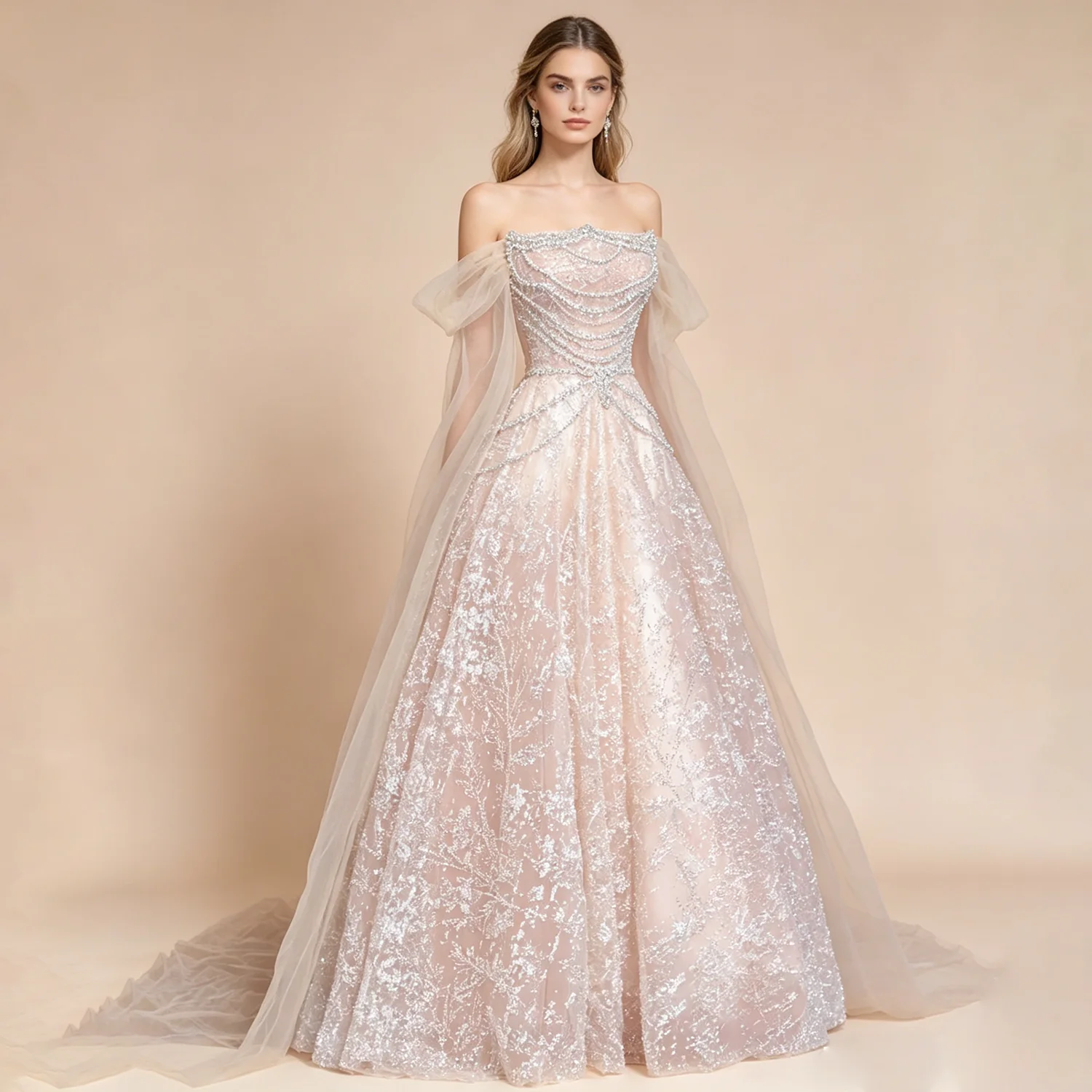 

L&P DQL Studio Evening Dresses High Quality Beading with Sequins Prom Dress Strapless Lace-up Back Sweep Train Party Wearing