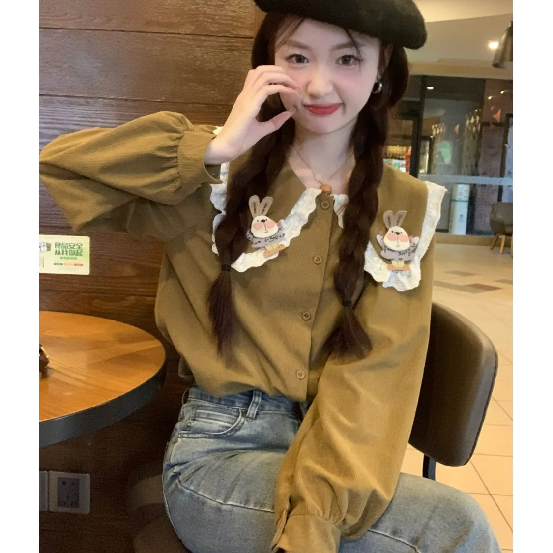 Japanese Cute Rabbit-patterned White Long-sleeve Shirt Lace Single-row Button Babydoll Tops Sweet Loose Y2K Harajuku Inner Wear