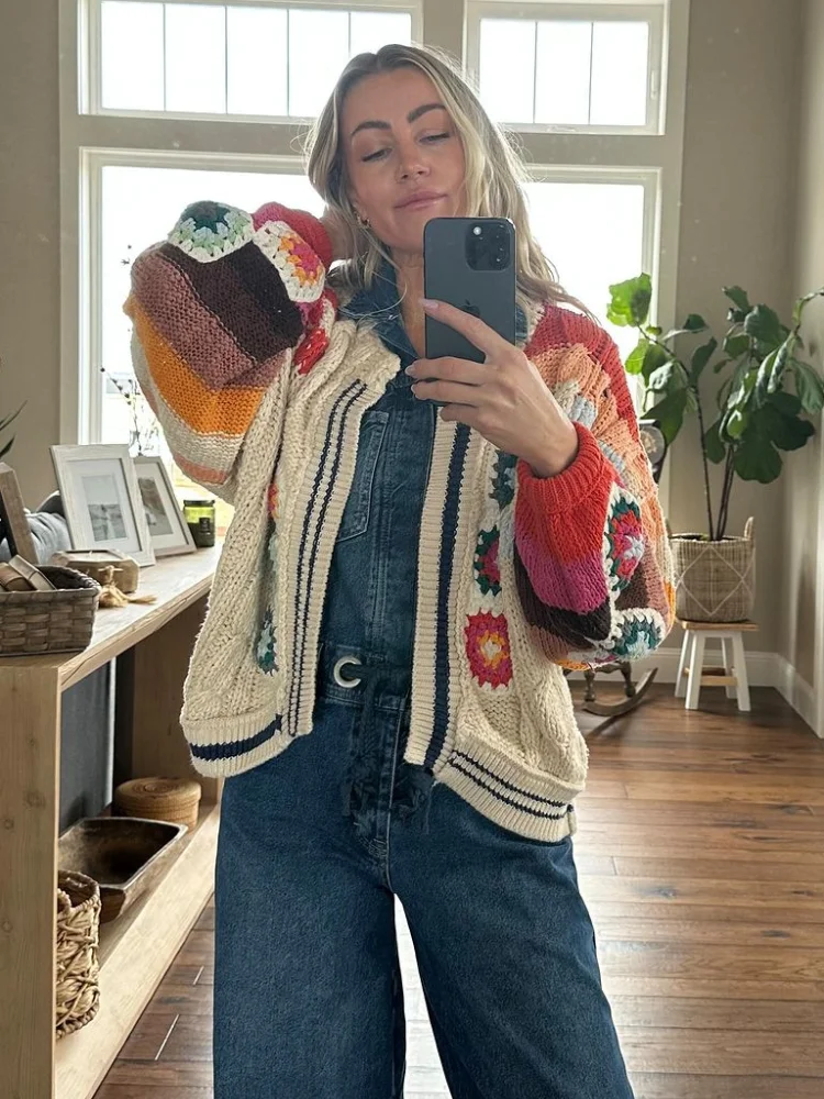 

Women Casual Color Blocking Cardigans Fashion Round Neck Long Sleeve Loose Sweater Lady Autumn New Daily Commute Cardigan