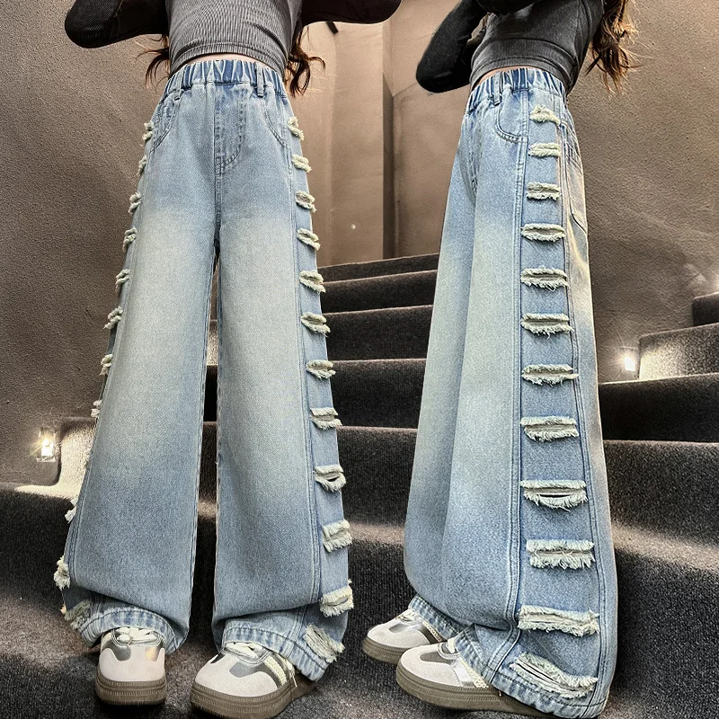 

American High Street Spicy Girls Wide Leg Ripped Jeans With Holes Kids Child Autumn Y2K Design Loose Straight Broken Denim Pants