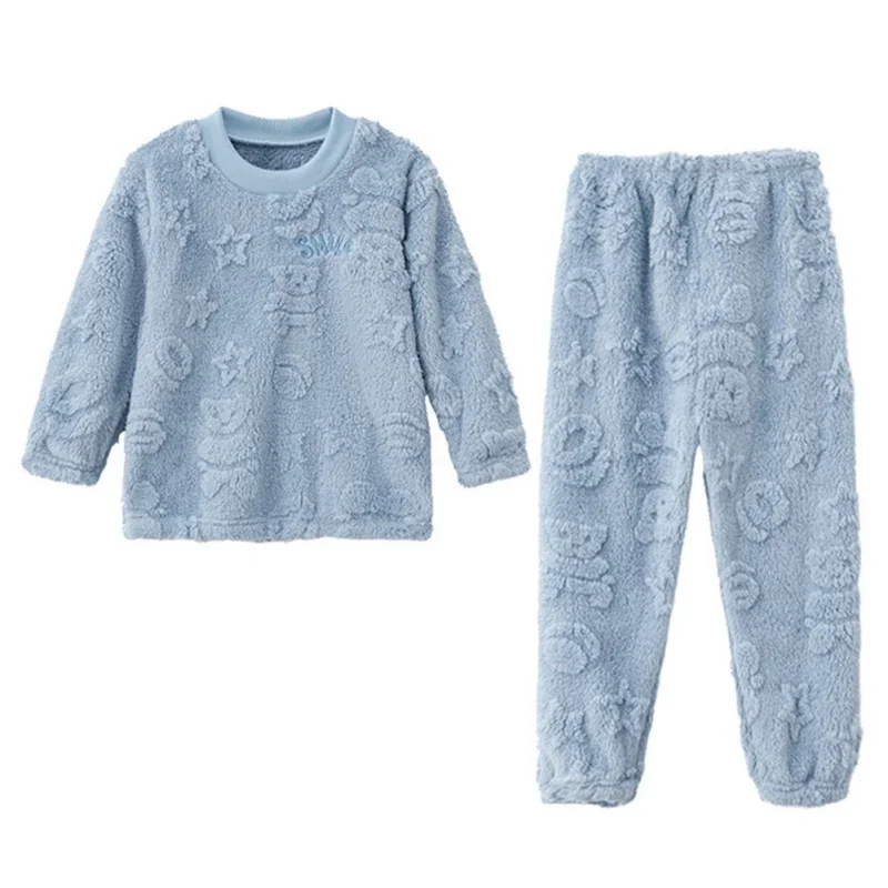 Children's Plush Pyjamas for Boys and Girls 3-12Y Kids Solid Cozy Warm Two-Piece Pajamas Round Neck Blouse+Elastic Waist Pants