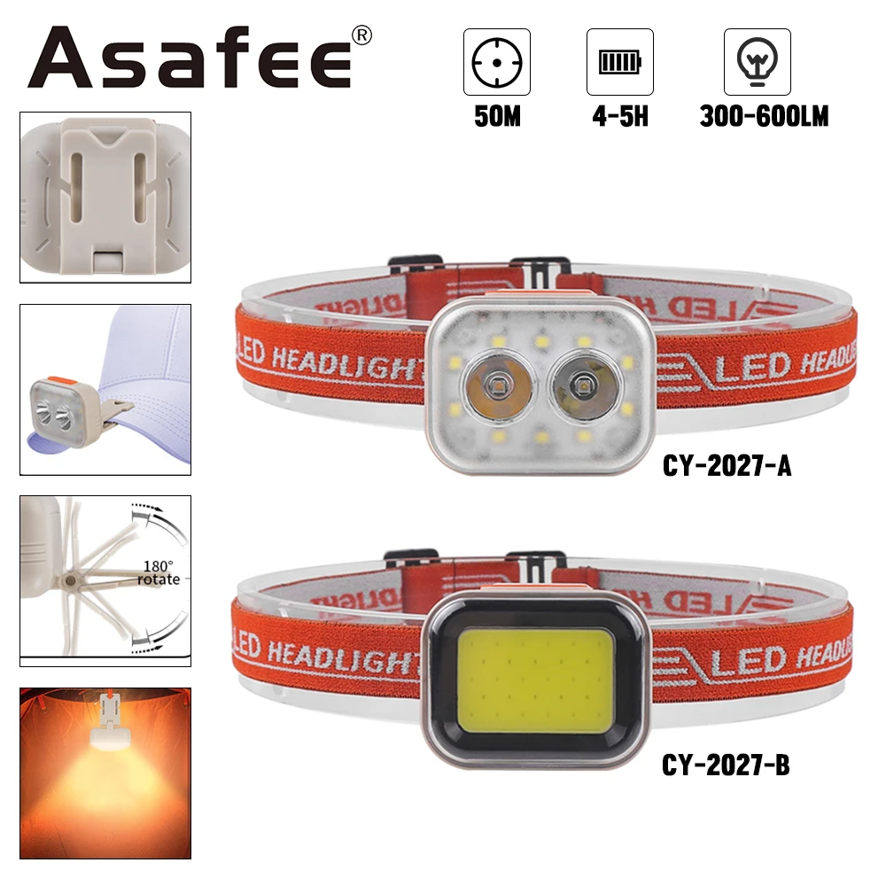 

Asafee COB LED Headlight Waterproof Lamp Built-in Battery Torch Rechargeable Headlamp 180° Adjustable Flashlight Clip SOS Light