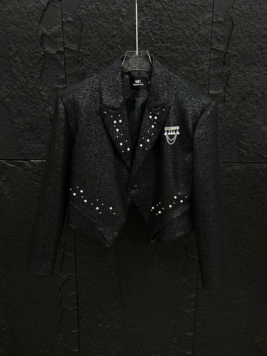 Men's 2025 Spring Autumn New Handsome Trendy New Tops Niche Design Beaded Blazers Loose Shoulder Padded Short Style Suit Jackets