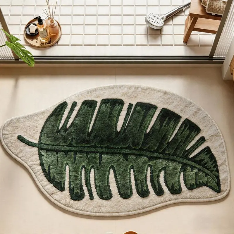 VIKAMA Tropical Leaf Irregular Floor Mat Non‑Slip Green Plant Doormat Decor Rug for Bathroom Entryway Bedroom Indoor Home