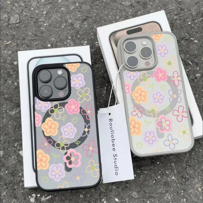 

Korean Magnetic Case for iPhone 17 Air 16e 15 Plus 14 13 12 Pro Max Camera Protection for MagSafe Male Female Back Cover Flower