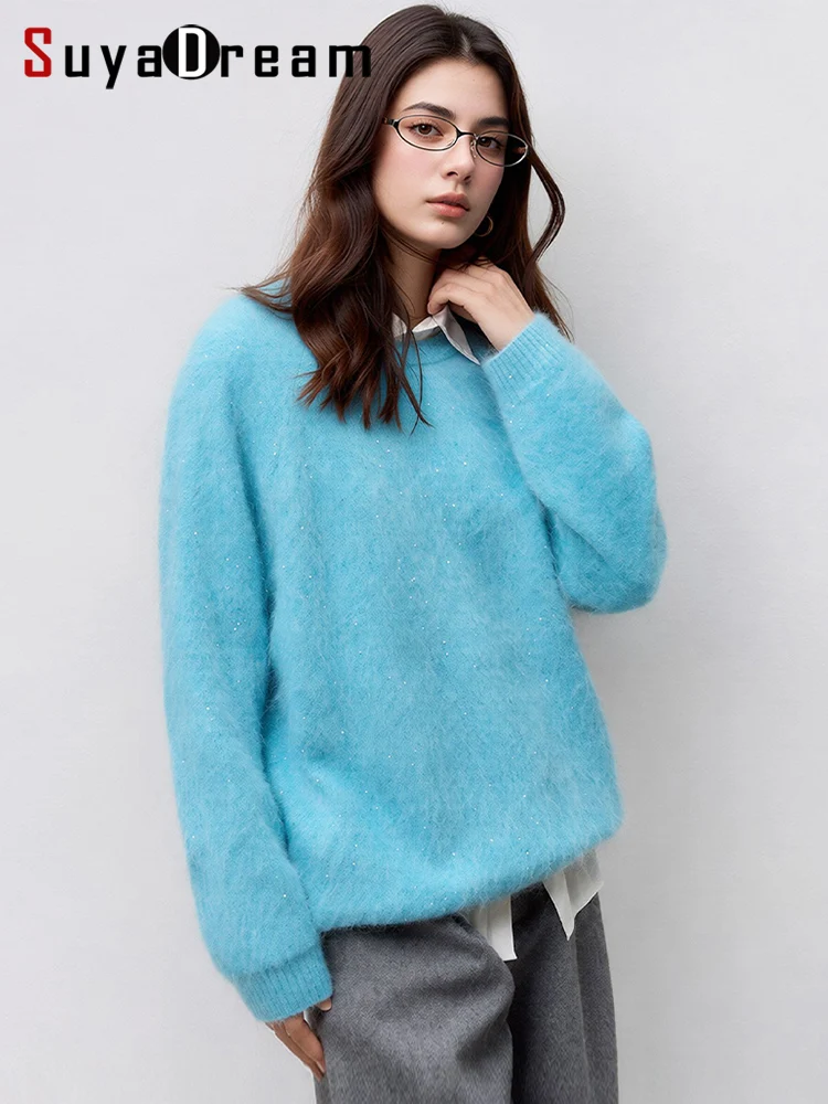 SuyaDream, Women Fluffy Fuzzy Knit Sweater, Round Neck Sequin Decor Loose Top, Fall Winter Casual Knit Jumper