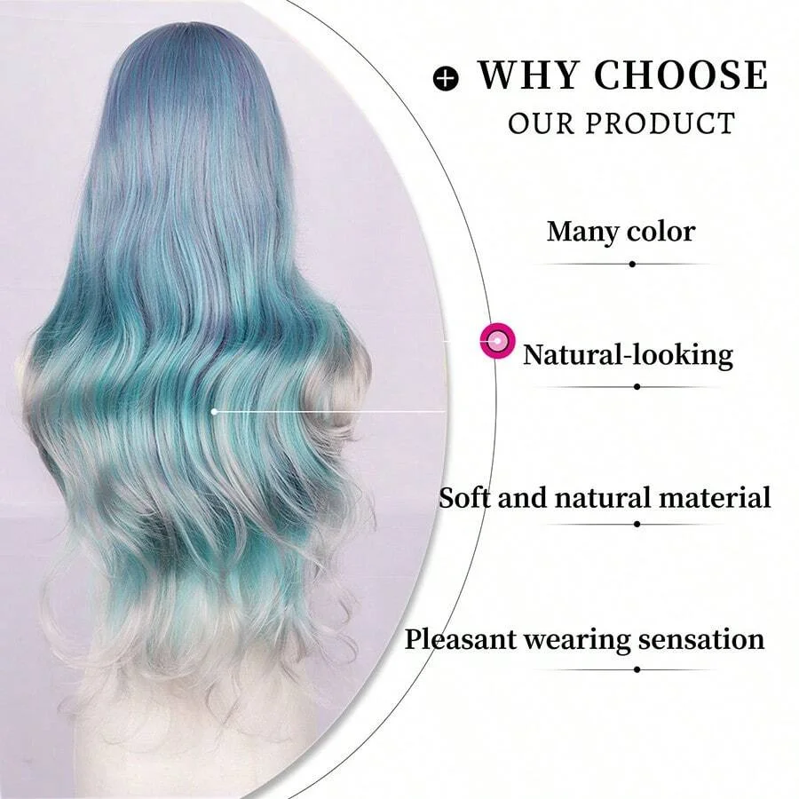 28in Mermaid Wig Ombre Blue Mixed Lilac Grey Wigs for Women Long Curly Wavy Middle Part Hair Synthetic Wigs for Cosplay Party image 4