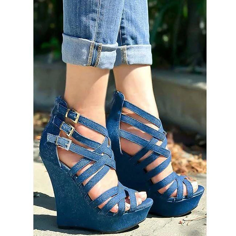 Blue Denim Straps Buckle Platform Wedge Heels Sandal Woman Summer Peep  Toe Gladiator Cowboy Cross Strap Cutouts Dress Shoe