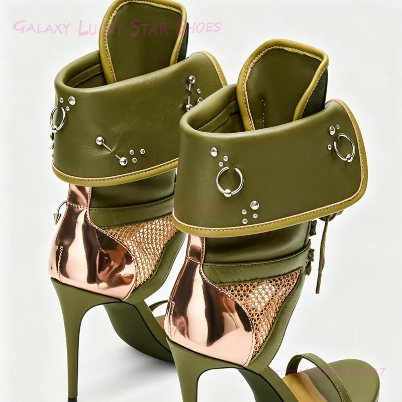 Sandalias De Tacón De Aguja Con Remaches De Metal Negro Y Cordones, Color Verde Oscuro, Punta Redonda, Talón Abierto, Correa Al Tobillo, Doradas, Para Mujer, Calzado De Verano — -45%, 76.4€ Coupon, from 89.69€ – 45% descuento – €89.69