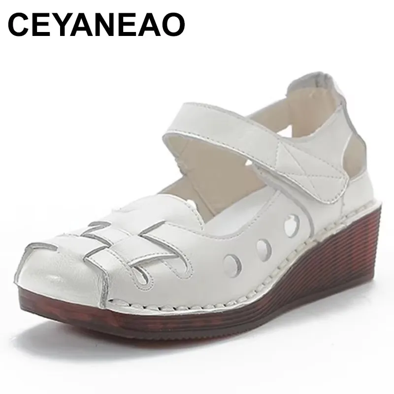 

2025 Genuine Leather Shoes Sandals for Womens Summer Breathable Ladies Mom Sandals Wedge Gladiator Shoes