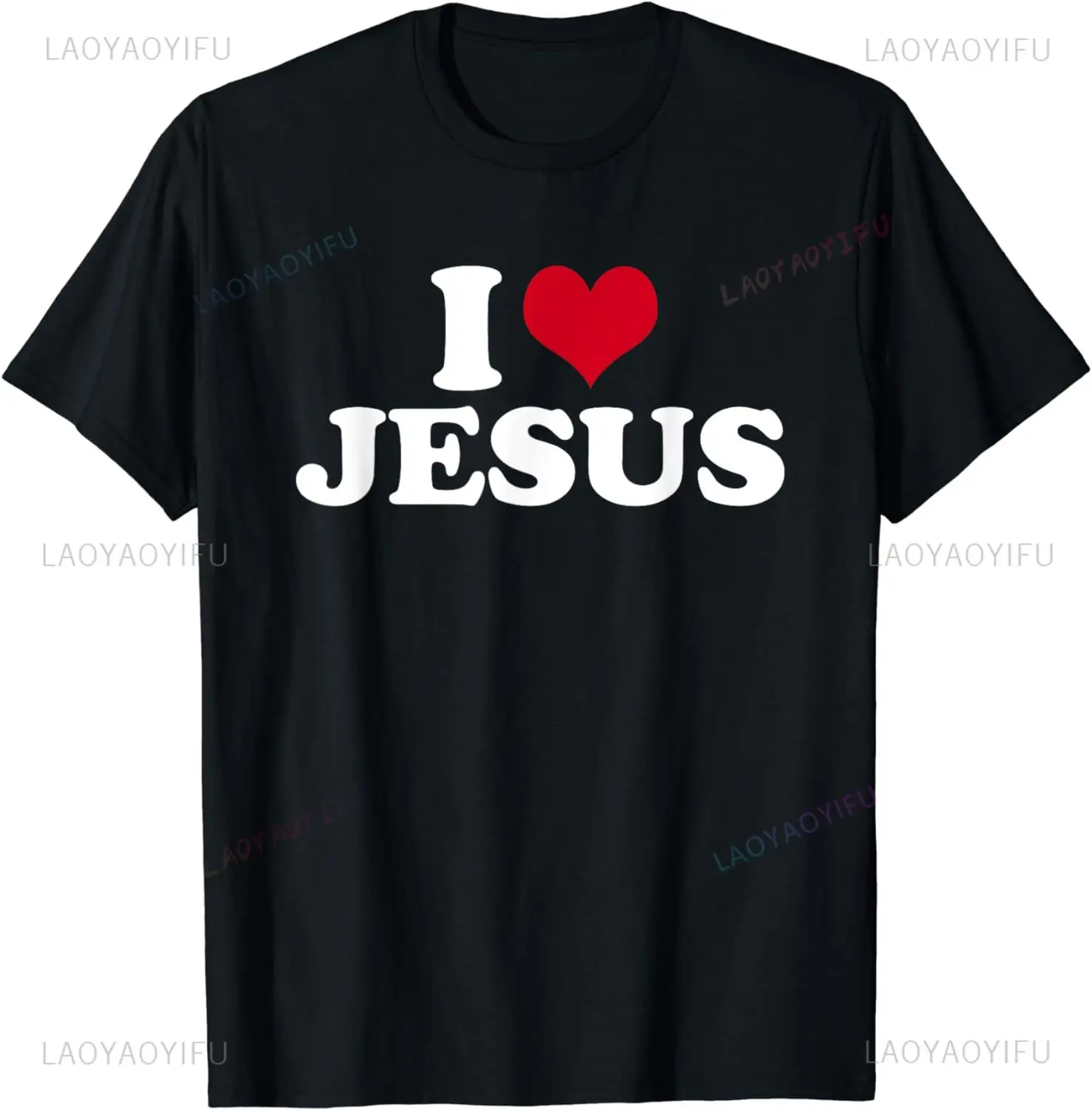 Ich liebe Jesus T-Shirt Herren-Hemd mit lustigem Textdruck. Schwarzes, kurzärmliges, atmungsaktives, stilvolles Freizeithemd mit Rundhalsausschnitt für den Sommer