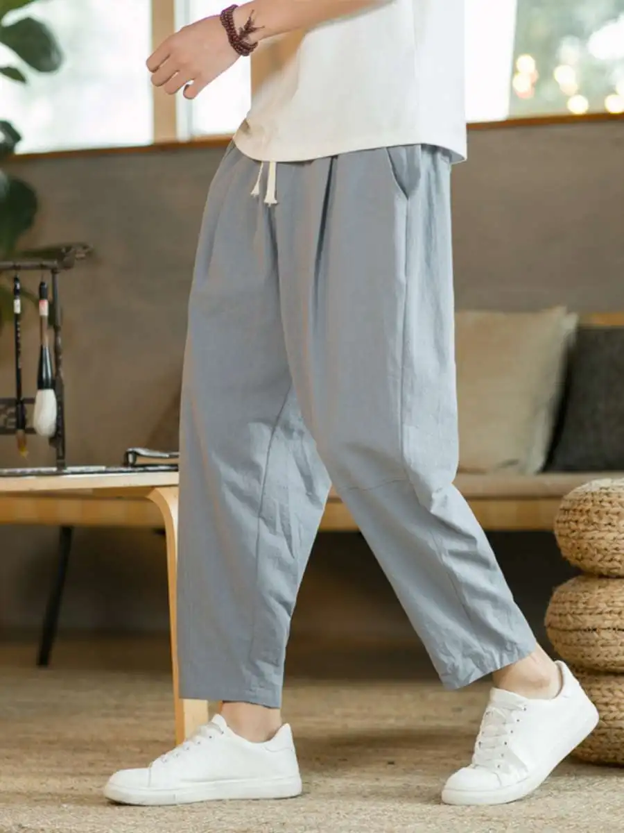 

Корейские хлопковые льняные свободные прямые брюки для мужчин, повседневные брюки на весну и лето, универсальные модные длинные брюки