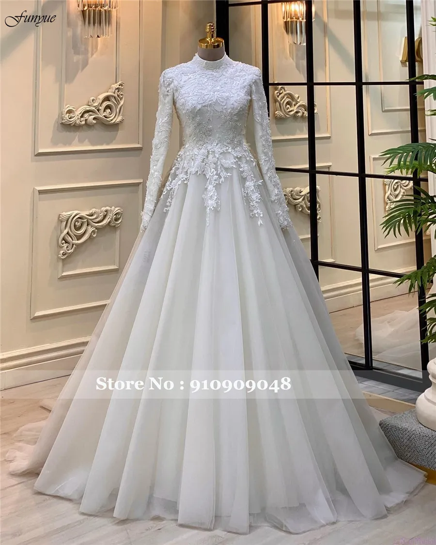 Funyue Elegant Lace Long Sleeve Muslim Wedding Dress for Bride High Neck Appliques A Line Bridal Gown Robe De Soirée De Mariage