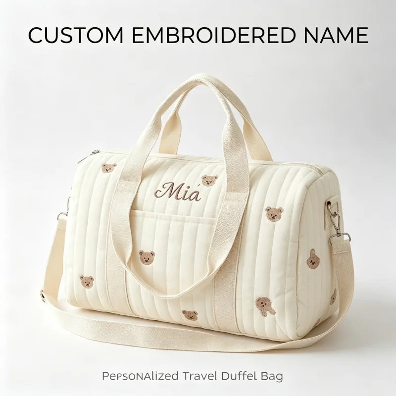 Custom Embroidered Name Diaper Bag Quilted Bear Bunny Mommy Nappy Bag Travel Duffel Hospital Bag Baby Shower Gift