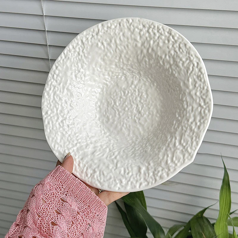 Embossed Ceramic Dinner Plate Light Luxury Creative White Deep Plate Household Dessert Salad Plate Kitchen Tableware