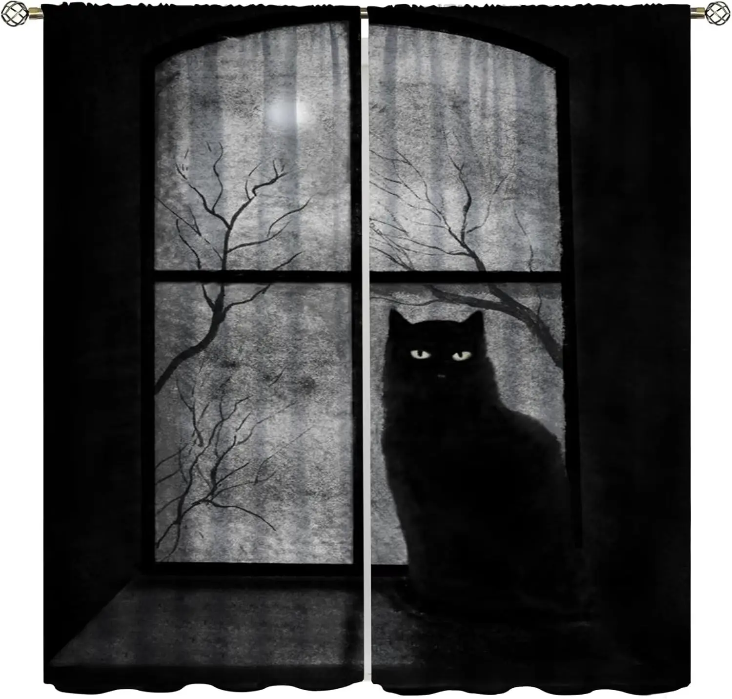 Halloween Weird Black Cat Curtain Gothic Spooky Night Tree Black Cats on The Sill Full Moon Scary Halloween Window Drapes for