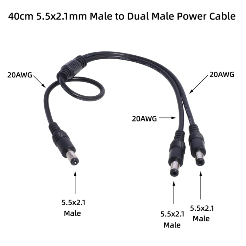 Power Supply 1 Male to 2 Male 5.5Mm X 2.1Mm Camera Cable Barrel Plug Y Splitter Adapter Wire for CCTV Cameras