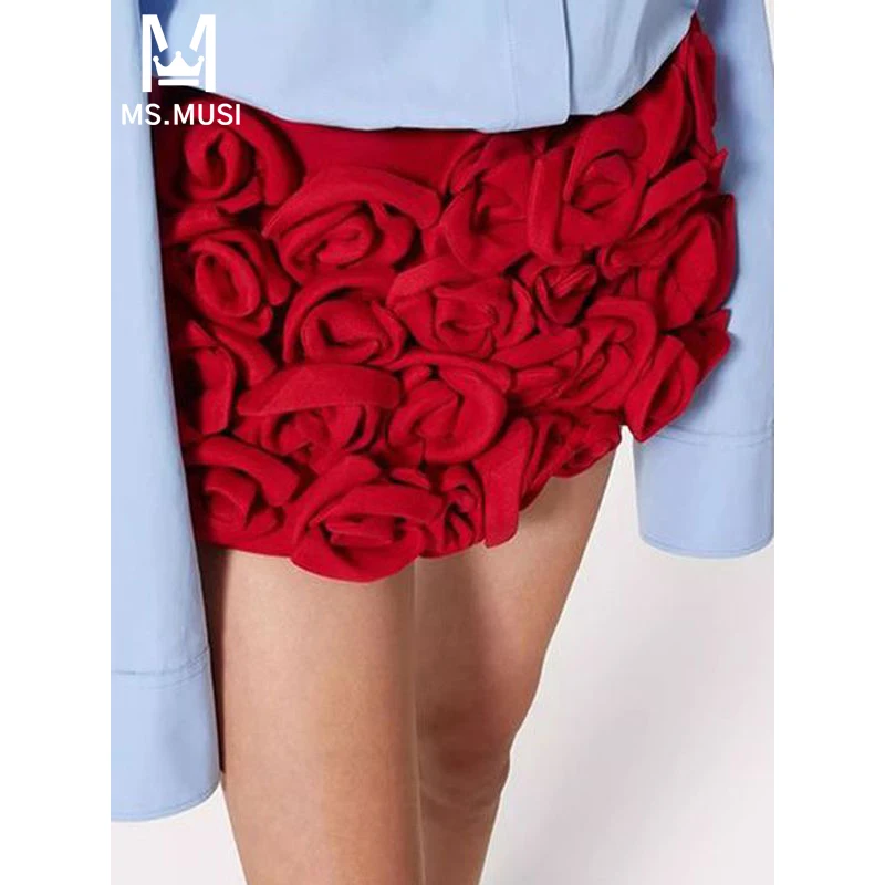 

MSMUSI 2024 New Fashion Women Sexy Elegant Solid 3D Rose Floral Bodycon Party Club Event Slim Mini Short Skirt