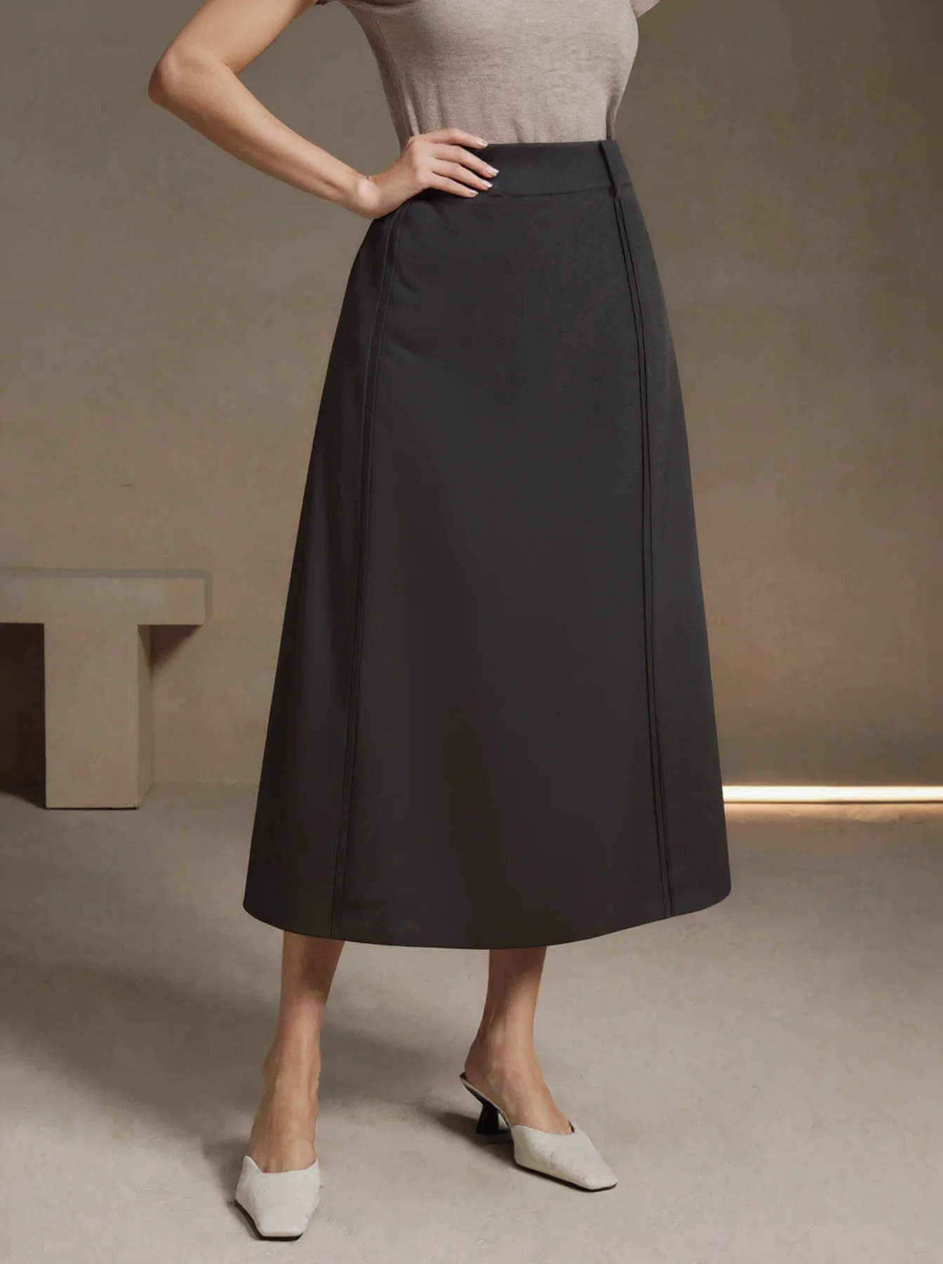 Women Midi Skirt High Waist Stitched Detail Back Slit A Line Straight Long Skirt Office Commuter Wear