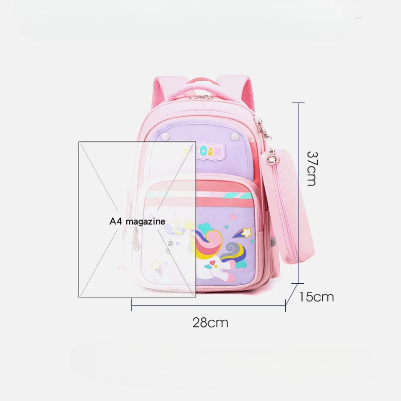 Cartoon Unicorn Elementary School Student Bookbag with High Aesthetic Value, Lightweight Waterproof Backpack, and Pencil Case