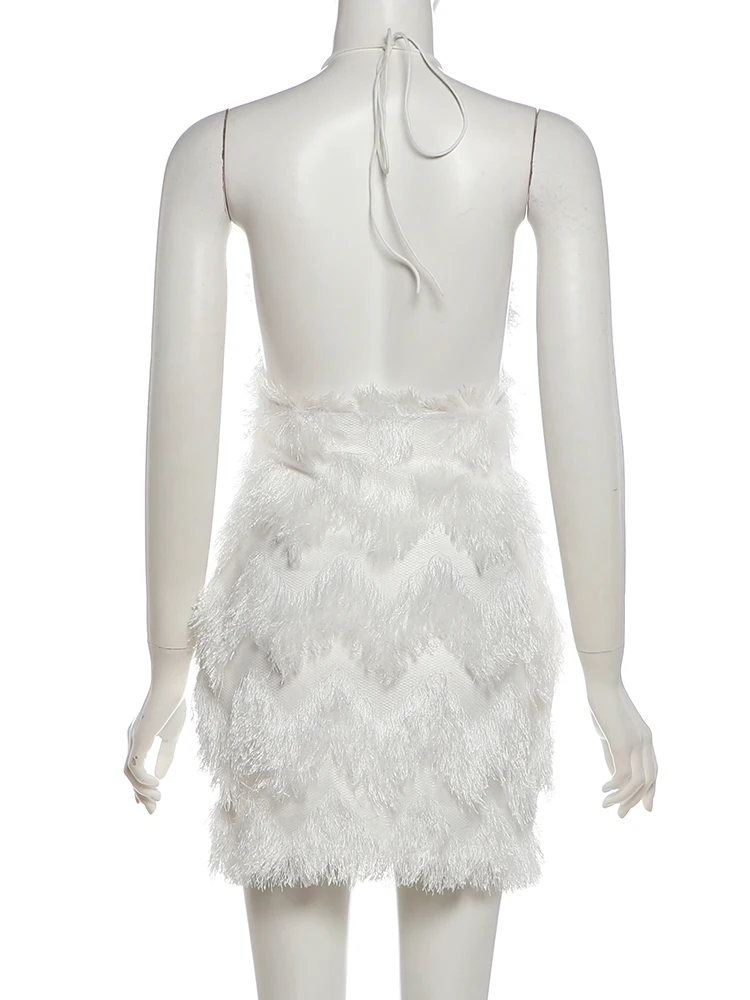 Weird Puss Furry Tassel Mini-Kleid für Damen, mit Schnürung, Neckholder, rückenfrei, figurbetont, Pfirsichfarben, für Mitternachtsclub-Partys, sexy, modisch, Bodycon – Detail 5