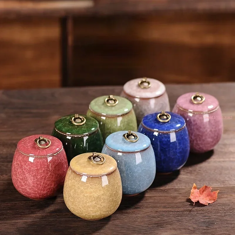 Chinese Style Ice Cracked Glaze Ceramic Tea Caddy Portable Purple Sand Small Tea Caddy Tea Box Pu'er Sealed Box Holiday Gift