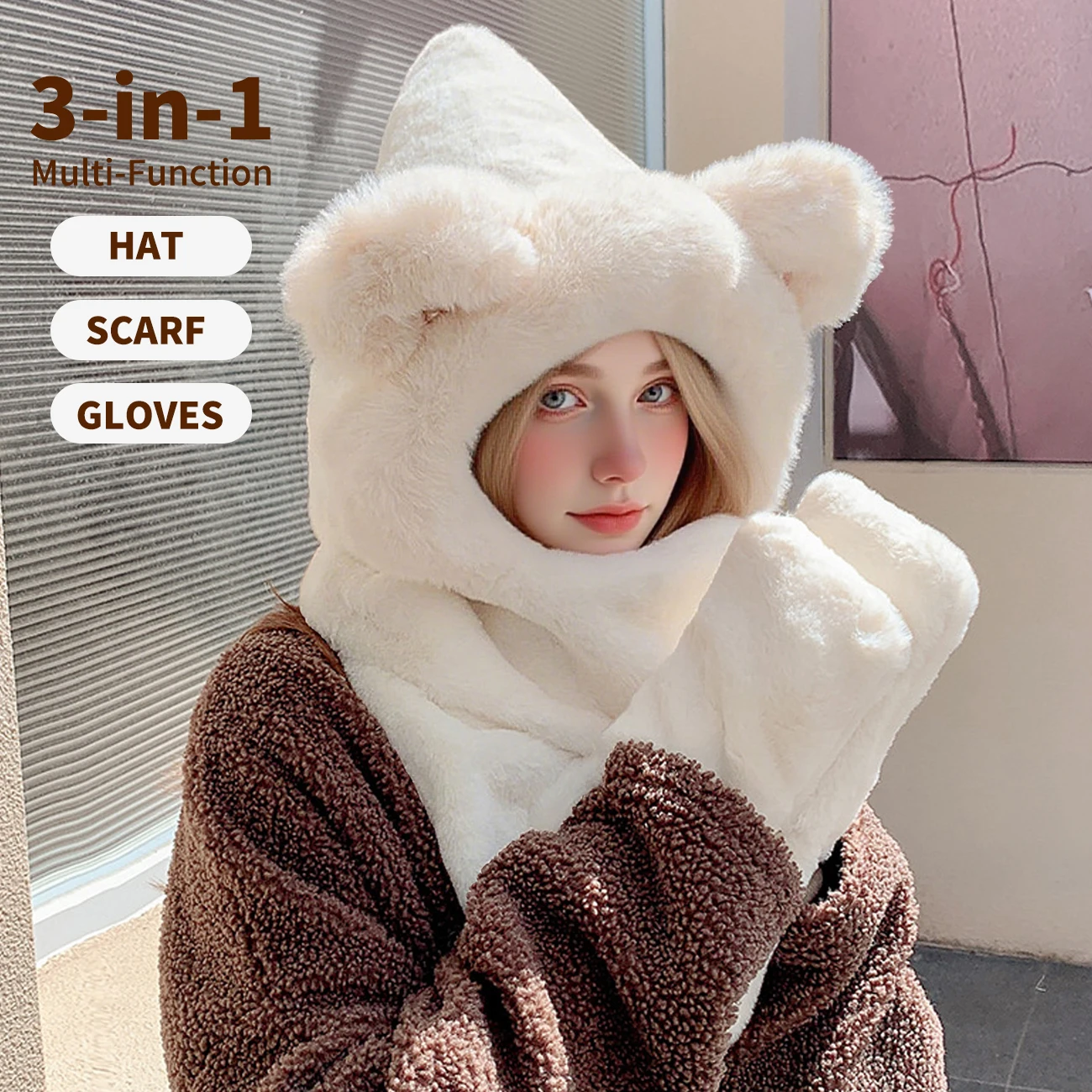 3-in-1 قبعة وشاح قفازات مجموعة النساء الشتاء أفخم الصوف الدب مقنعين وشاح فروي الرقبة أدفأ ملحق للتزلج على الجليد