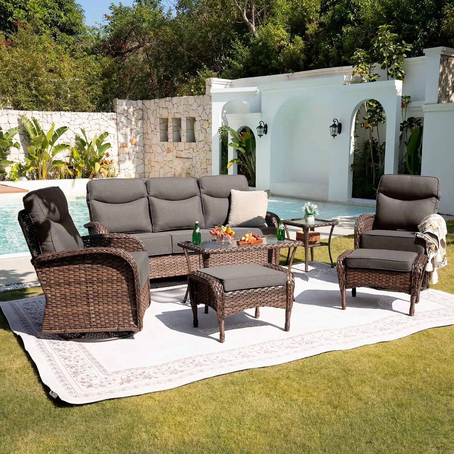 Upgraded 6“ Cushion Luxury Patio Furniture Set - 7 Piece Wicker Furniture Set, Comfort Outdoor Couch and High Back Swivel Rocker