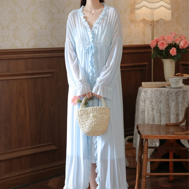 Vintage Victorian Gown and Robe Sets Pijamas Nightwear Autumn Sweet Mesh Night Dress Fairy Women Solid Color Sleepwear Nightwear