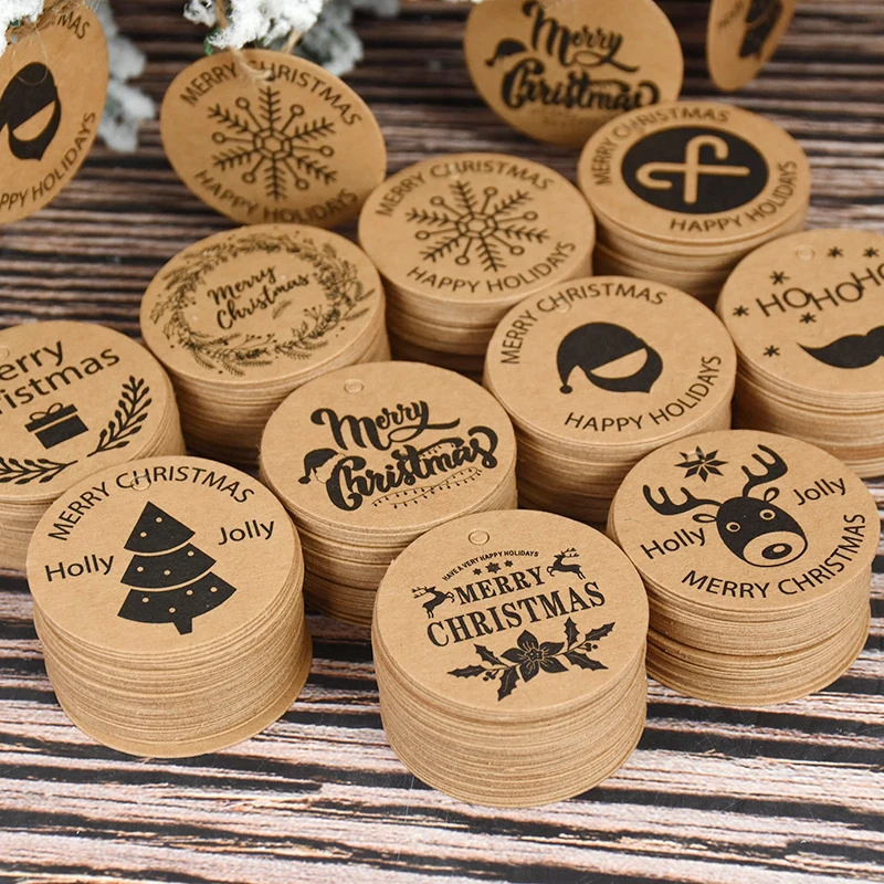 

100PCS Round Kraft Tags Merry Christmas Labels Gift Wrapping Paper Hang Tags Santa Claus Paper Cards Xmas Party Supplies