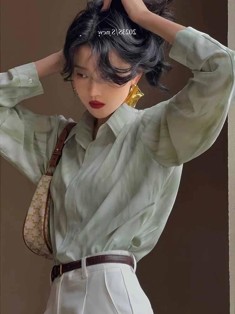 Nueva Blusa de Protección Solar de Manga Larga para Mujer, Estilo Chino con Difusión de Tinta de Agua, Color Verde Degradado, para Primavera, Otoño y Verano