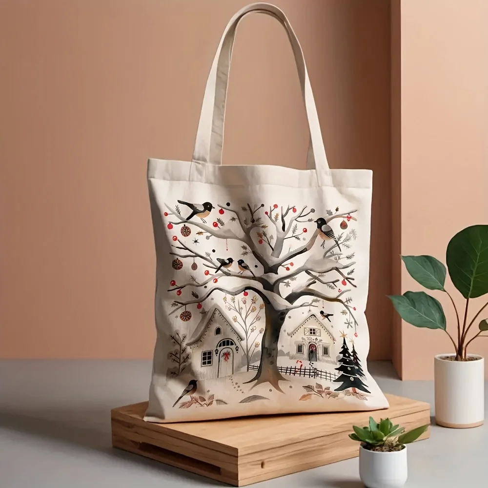 Winter Christmas Village Canvas Tote Bag Snow Tree Bird House Print Large Capacity Shoulder Bag Casual Daily Shopping Handbag