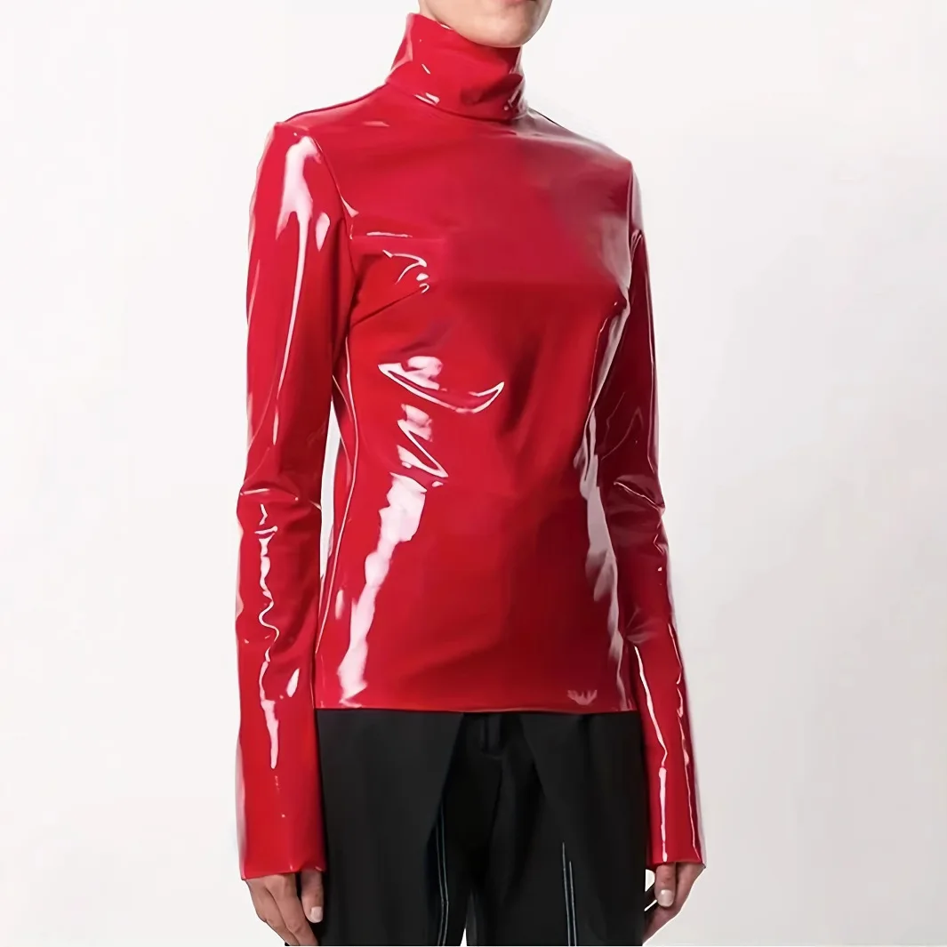 Women Shiny Faxu Leather Plus Size Turtleneck Tops Ladies Glossy Zipper PVC Pullover Black Red PU Leather 4XL 5XL 6XL Clothes