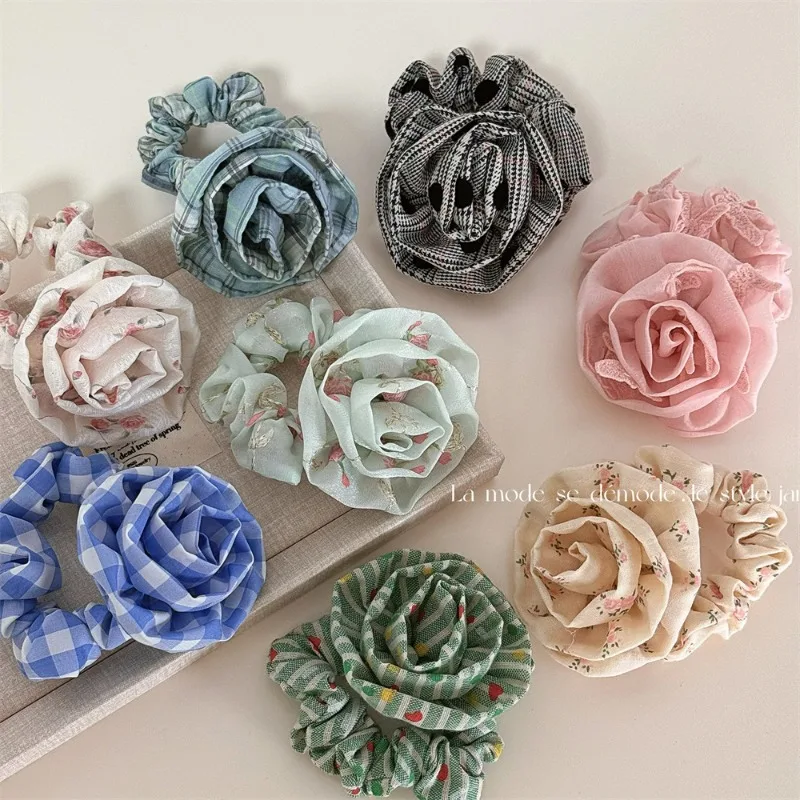 Vintage Fabric Flower Style Hair Band Small Size Large Intestine Hair Ring Female  High Ponytail Rubber Band Hair Accessories