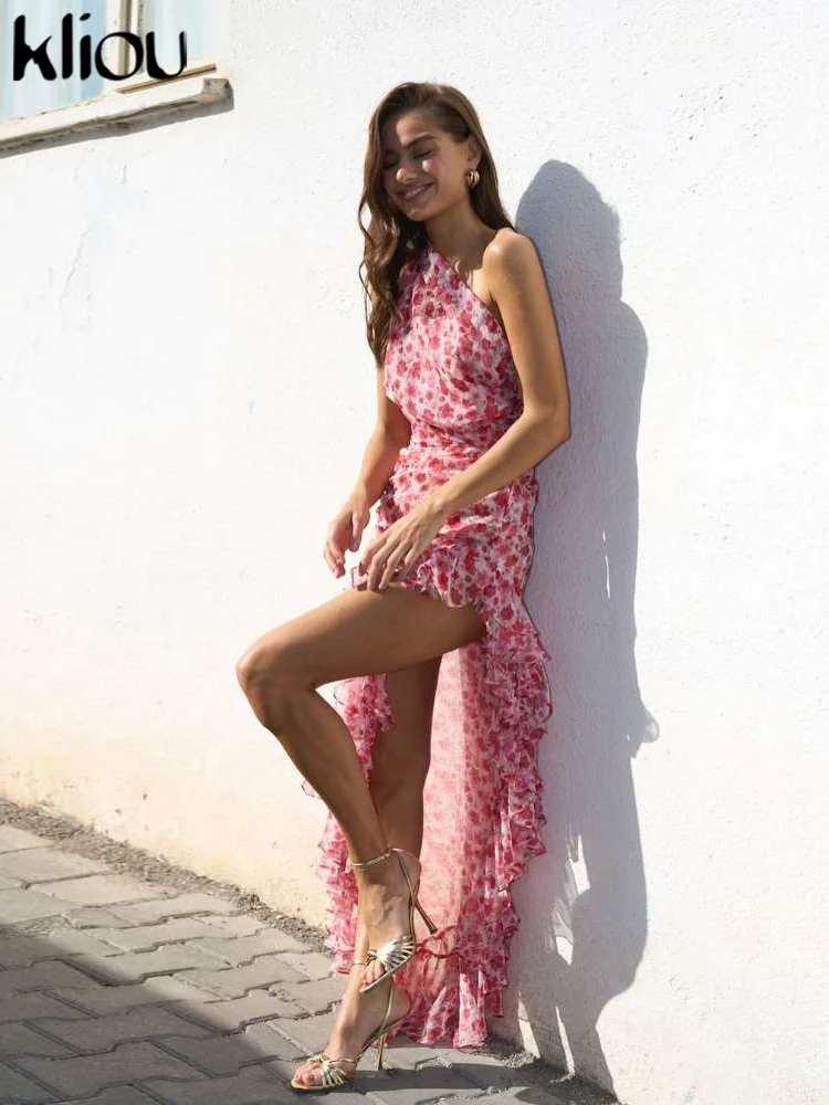 kliou Irregular Women Dress Fashion Atttractive Floral Print Incline Shoulder Ruffle Side Split Vestidos Trend Female Streetwear