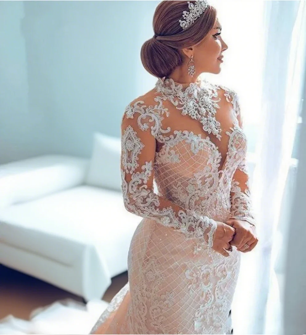 

Mermaid Wedding Dresses Arabic Dubai New High Neck Illusion Long Sleeves Lace Appliques Beads Back Bridal Gowns Costomized