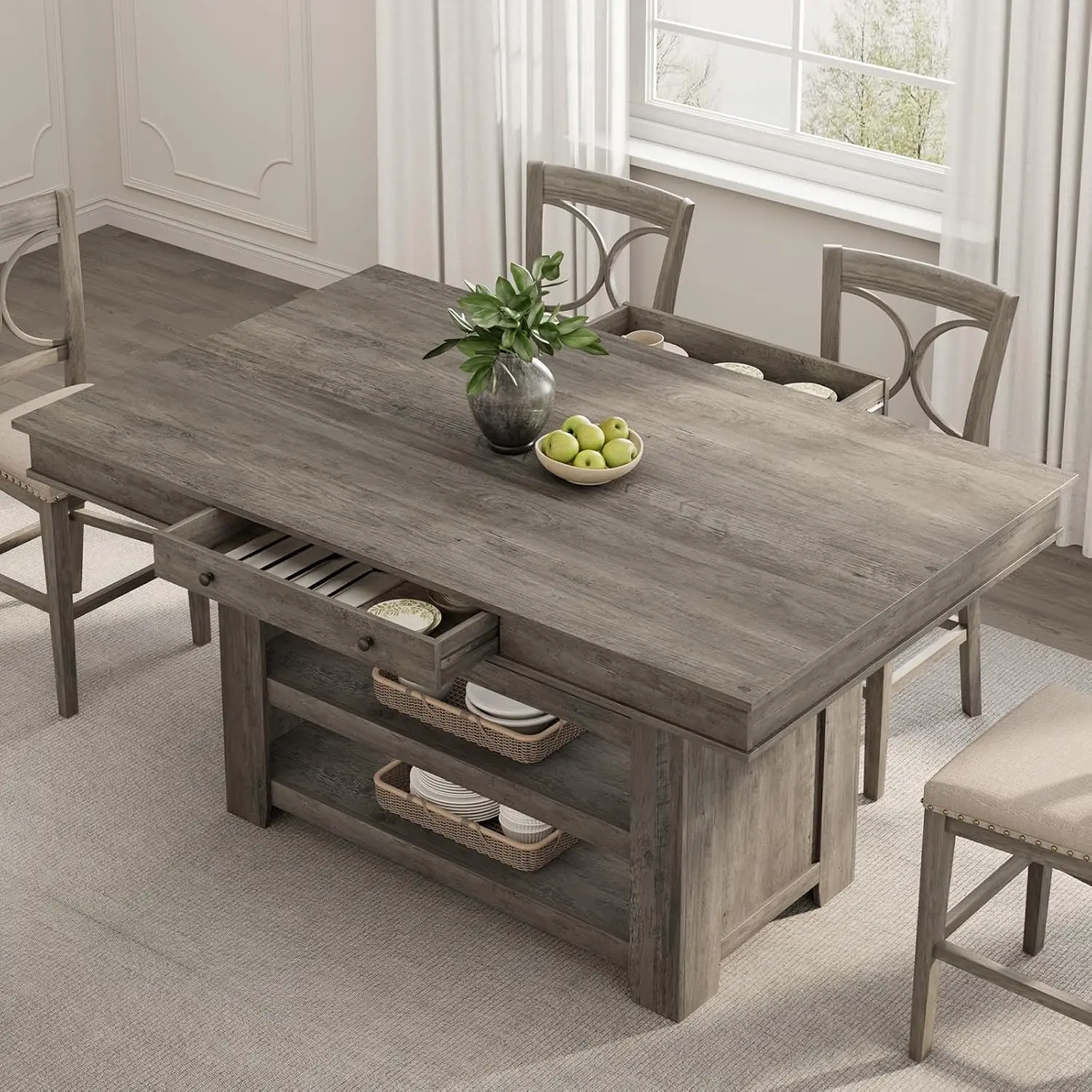 Counter Height Table 4-6, Wood Bar Table with Wine Rack Drawer Shelves, Thick Top Kitchen Bar, Heavy Duty Gray, Customized