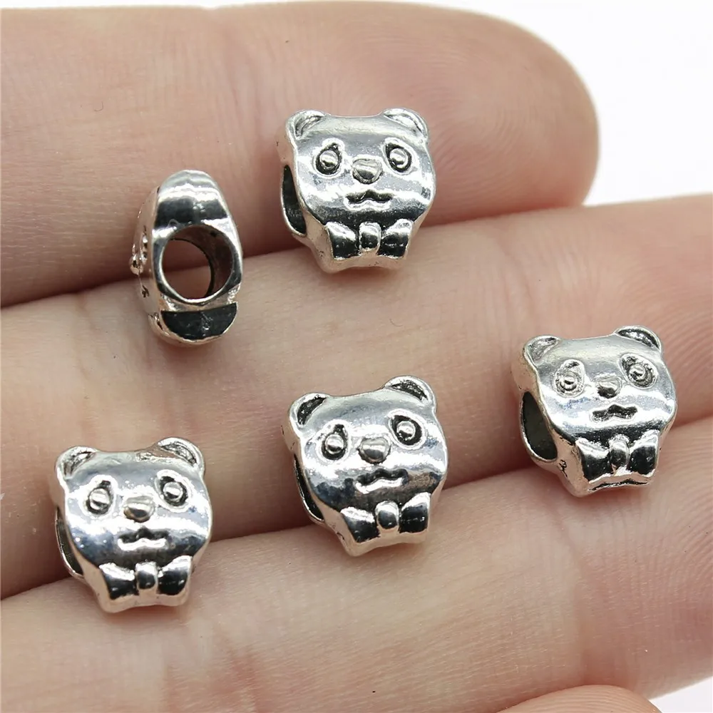 10pcs 10x9x7mm Antique Silver Color Double-Sided Cute Panda Big Hole Beads Zinc Alloy Materials Jewelry Accessories