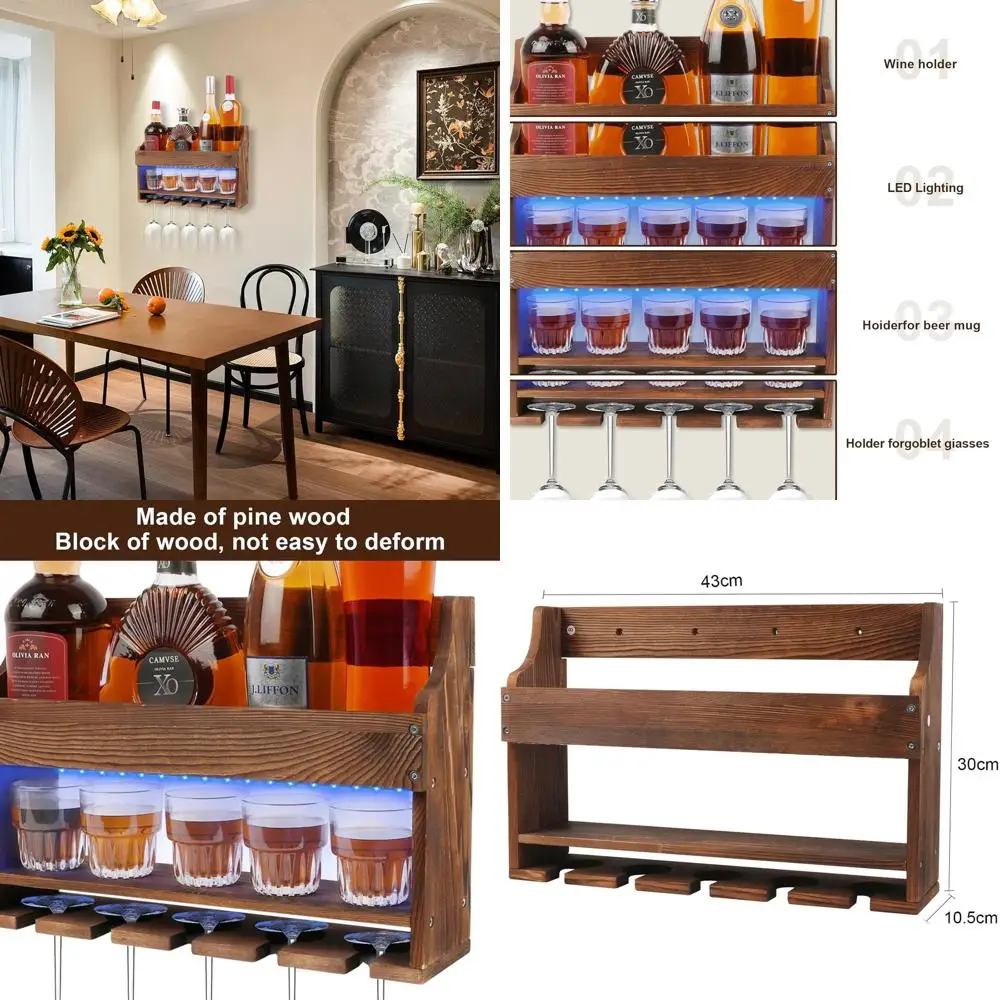 

Настенная деревянная винная полка со светодиодной подсветкой и держателем для стекла для домашнего бара и столовой