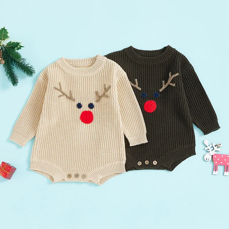 

Newborn Baby Girls Boys Sweater Rompers Christmas Clothes Deer Embroidery Long Sleeve Toddler Knitted Bodysuits Jumpsuits