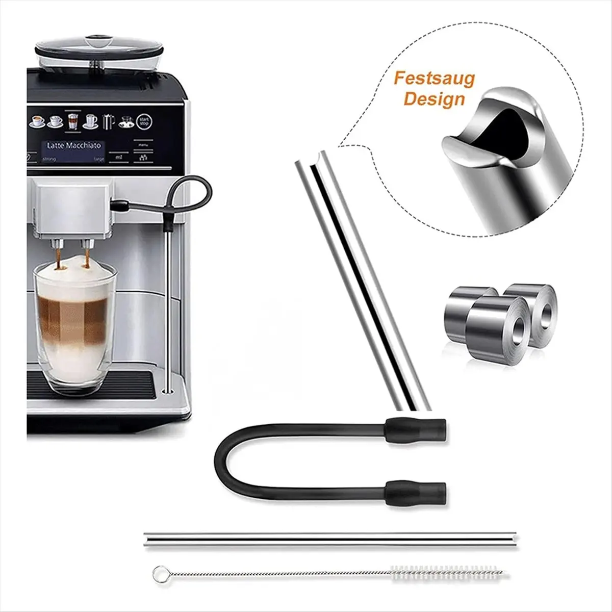 N14R Top Coffee Machine Milk Hose, Coffee Machine Replacement Tube with Cleaning Brush for, Stainless Steel Silicon Milk Hose