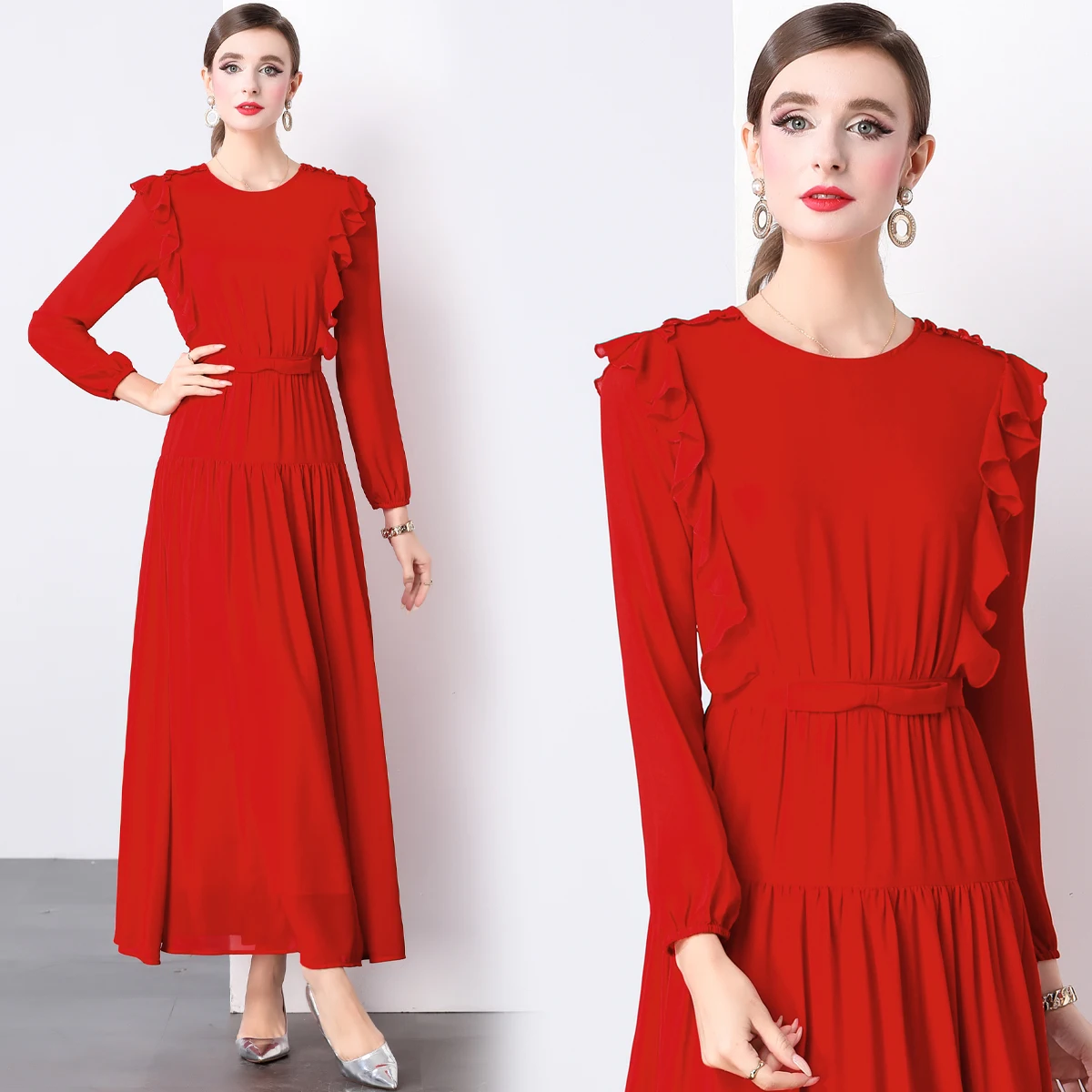 Autumn New Light Luxury Elegant Dress For Women O-Neck Long Sleeve Temperament Red Waist Cinched Pleated Long Dress