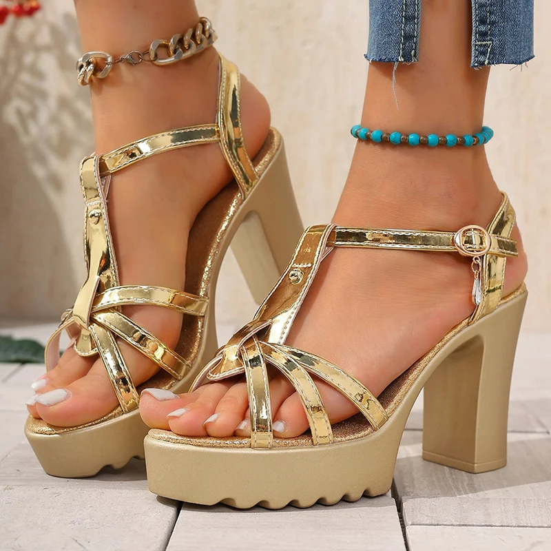 

Luxury Gold Silver High Heel Sandals Women 2026 Summer Thick Heels Platform Gladiator Sandals Woman Ankle Straps Party Shoes