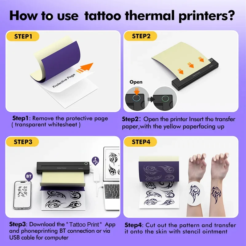 Wireless Mini A4 Tattoo Printer Inkless Tattoo Transfer Stencil Thermal Copier Machine Compatible with Smartphone & PC