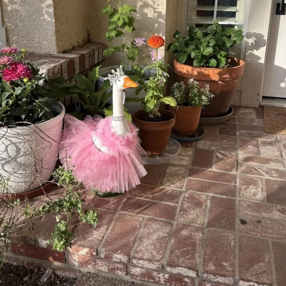 Princess Porch Goose Costume Set, Crown Necklace Tutu Skirt with Feather Trim, for Cement Lawn Garden Goose Decoration