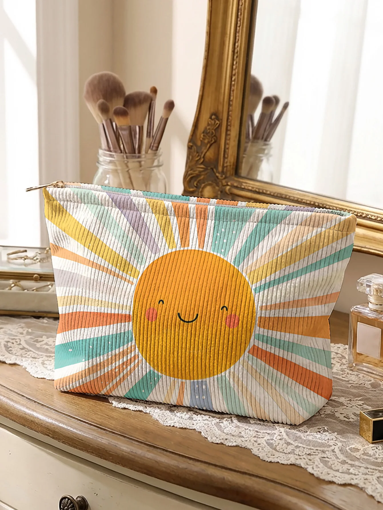 Cute colorful smile sun ray printed corduroy makeup bag, lightweight zipper pouch, multifunctional lined cosmetic bag