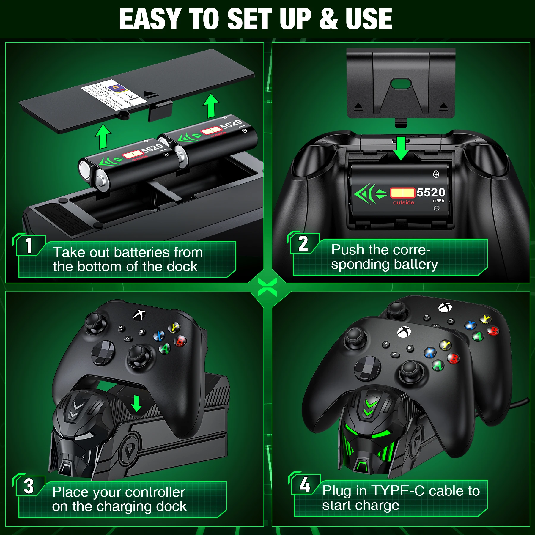 DinoFire A100 mit 2*5520 MWh wiederaufladbarem Akku und RGB-Ladekabel für XBOX-Controller für XBOX Series S/X / XBOX ONE S/X – Detail 4