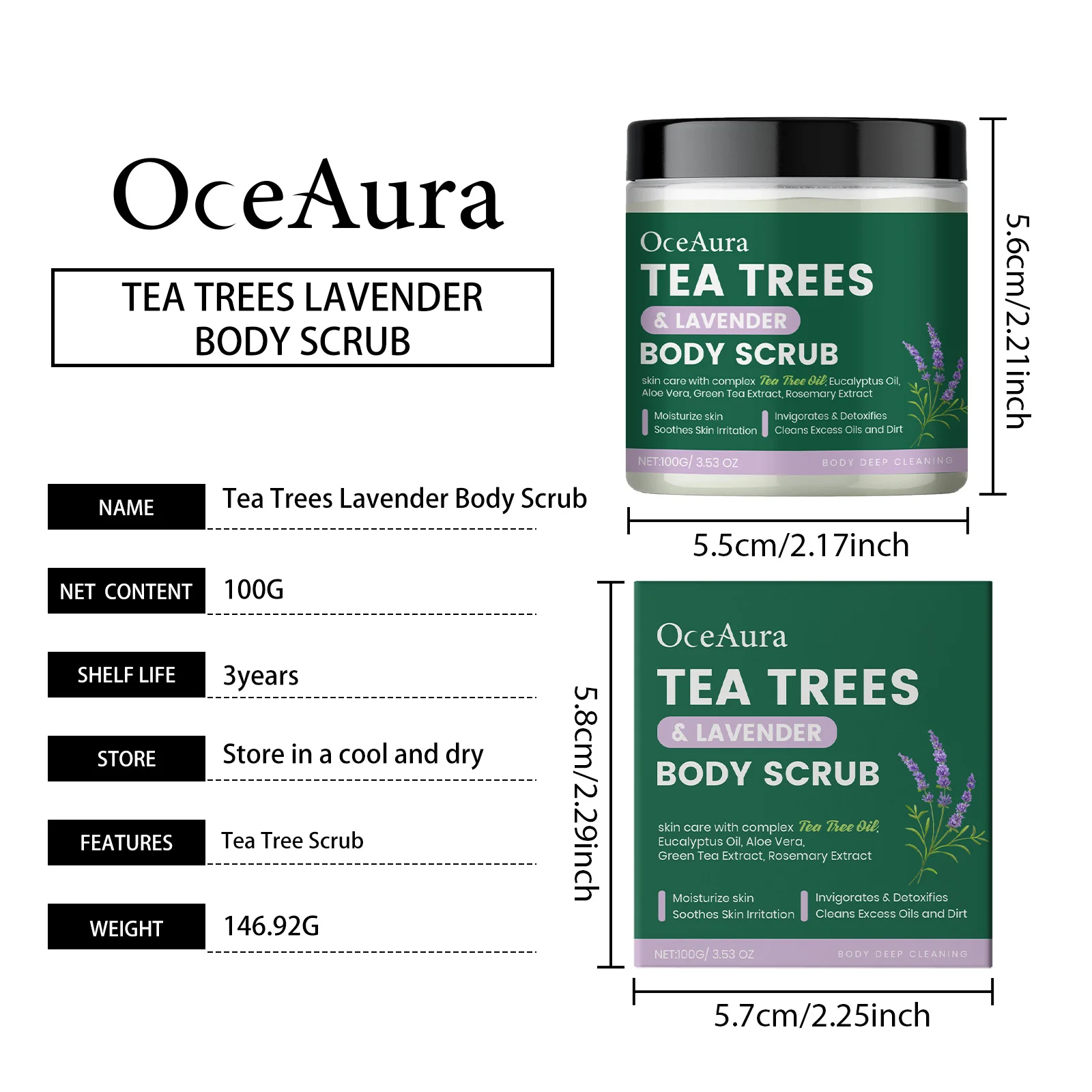 OceAura Tea Trees Lavender Body Scrub Gentle Skin Deep Cleansing Exfoliating Soothing Moisturizing Detoxifying Body Care Scrub 